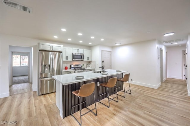 kitchen featuring visible vents, light wood-type flooring, a kitchen bar, appliances with stainless steel finishes, and a kitchen island with sink