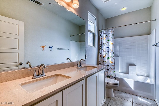 bathroom with a sink, visible vents, toilet, and tile patterned floors