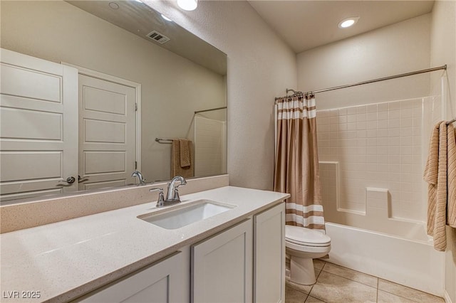 bathroom with vanity, visible vents, tile patterned flooring, toilet, and shower / tub combo with curtain