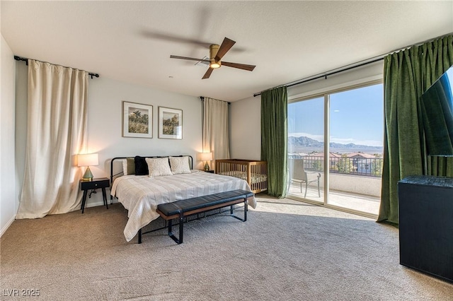 bedroom with access to outside, carpet, and ceiling fan