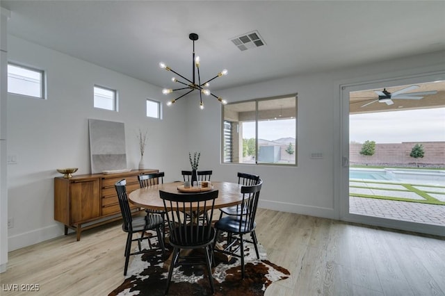 dining space with visible vents, ceiling fan with notable chandelier, light wood-type flooring, and baseboards