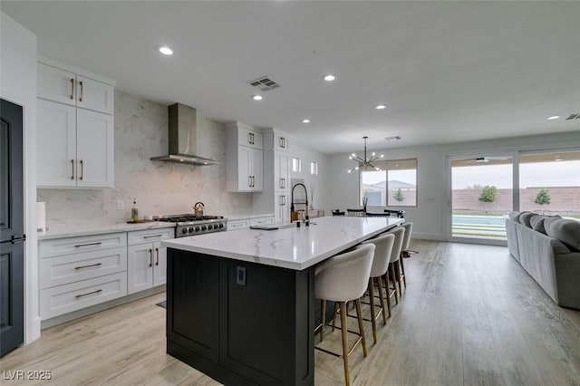 kitchen featuring visible vents, a kitchen island with sink, a sink, white cabinetry, and wall chimney range hood