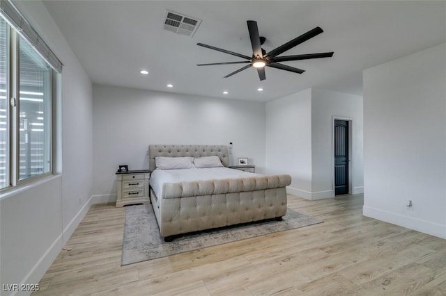 bedroom featuring visible vents, baseboards, ceiling fan, recessed lighting, and light wood-style floors