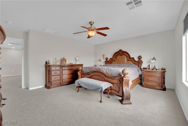 bedroom with a ceiling fan, carpet, visible vents, and baseboards