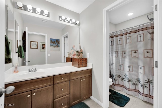 full bathroom with tile patterned floors, toilet, a shower with shower curtain, and vanity