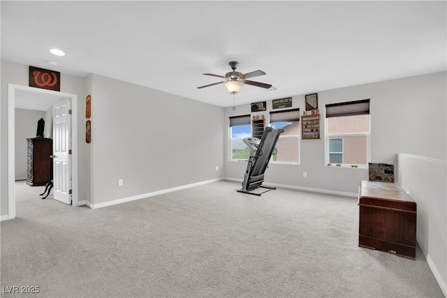 exercise room with carpet flooring, recessed lighting, a ceiling fan, and baseboards