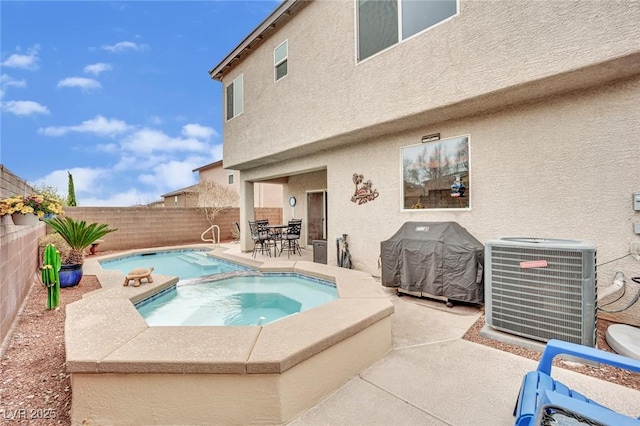 view of swimming pool with central air condition unit, grilling area, a patio area, a fenced backyard, and outdoor dining area
