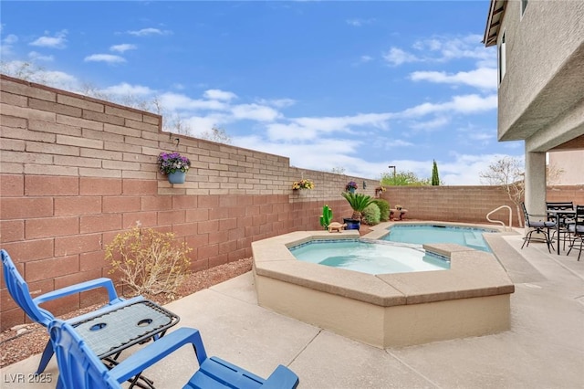 view of pool featuring a fenced in pool, an in ground hot tub, outdoor dining area, a fenced backyard, and a patio area