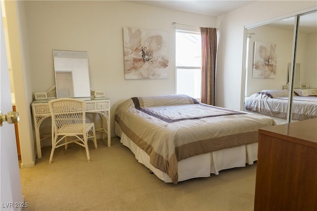 bedroom with a closet and light carpet