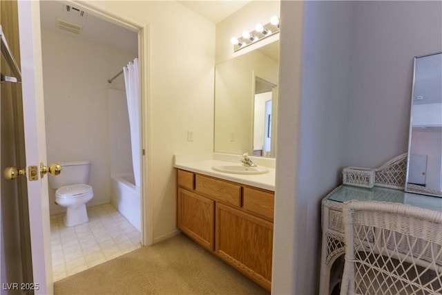 full bath with visible vents, toilet, vanity, and shower / bath combination with curtain