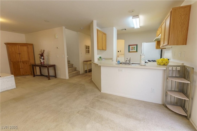 kitchen with light colored carpet, light countertops, a peninsula, freestanding refrigerator, and a sink