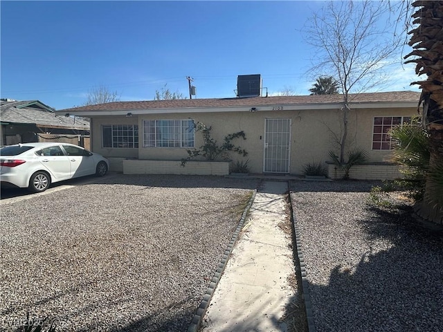 view of front of house featuring central AC unit and stucco siding