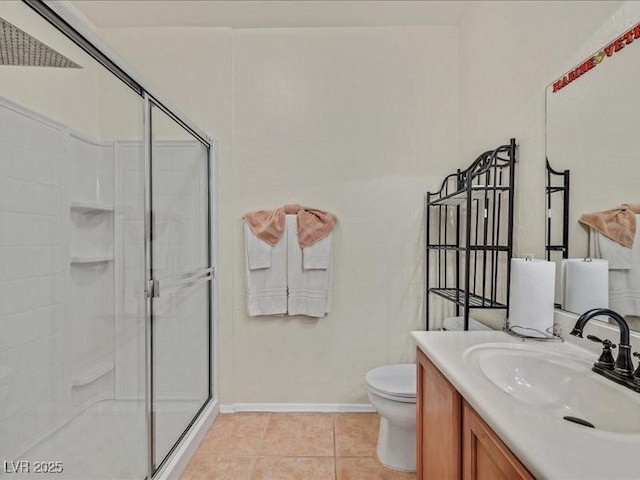 bathroom featuring tile patterned flooring, a stall shower, toilet, and vanity