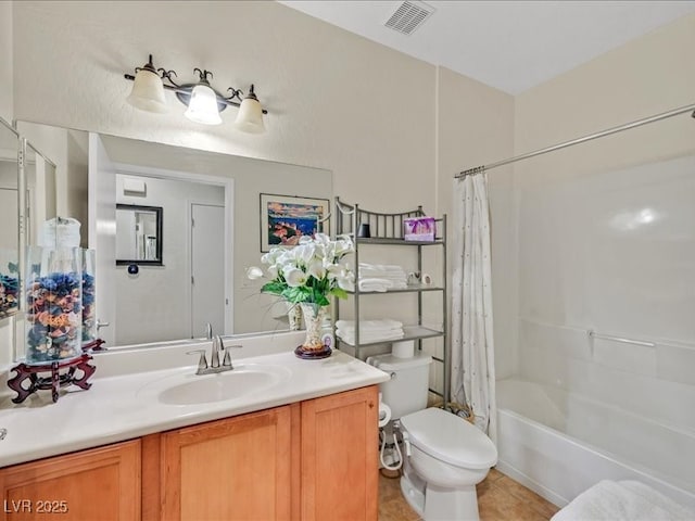 bathroom with visible vents, shower / tub combo, toilet, and vanity