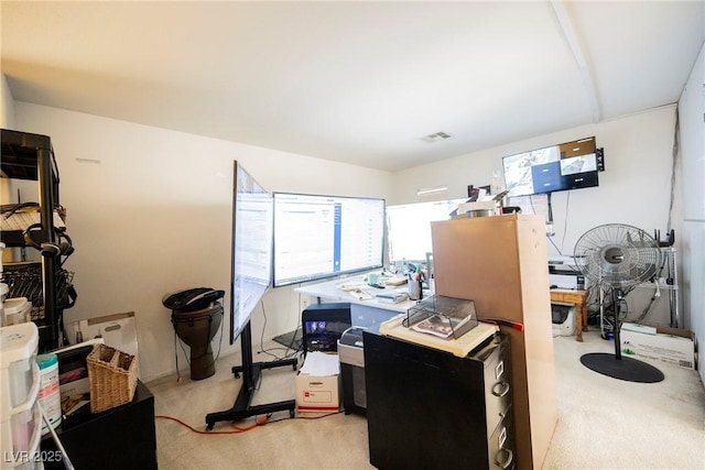 home office featuring light colored carpet