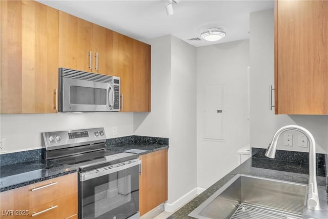 kitchen featuring electric panel, dark stone countertops, stainless steel appliances, and a sink