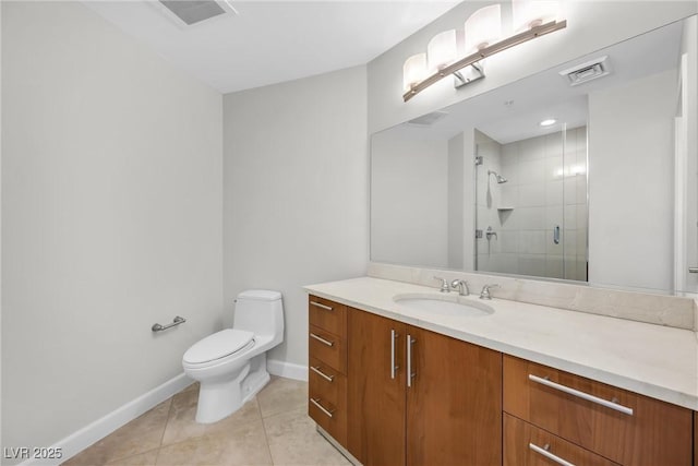 bathroom featuring tile patterned flooring, visible vents, toilet, a stall shower, and vanity