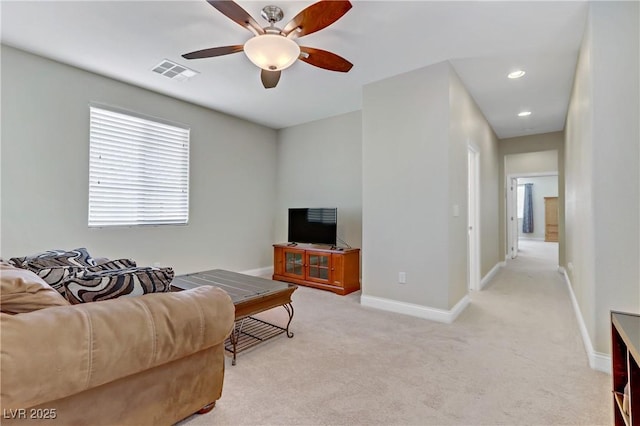 living area featuring visible vents, light carpet, a ceiling fan, recessed lighting, and baseboards