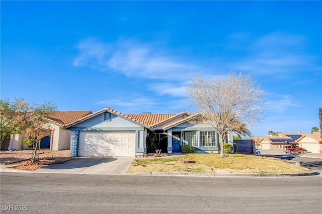 single story home with driveway, stucco siding, a front lawn, a garage, and a tile roof