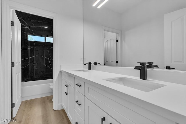 bathroom featuring double vanity, toilet, wood finished floors, and a sink