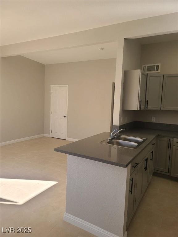 kitchen with dark countertops, visible vents, baseboards, a peninsula, and a sink