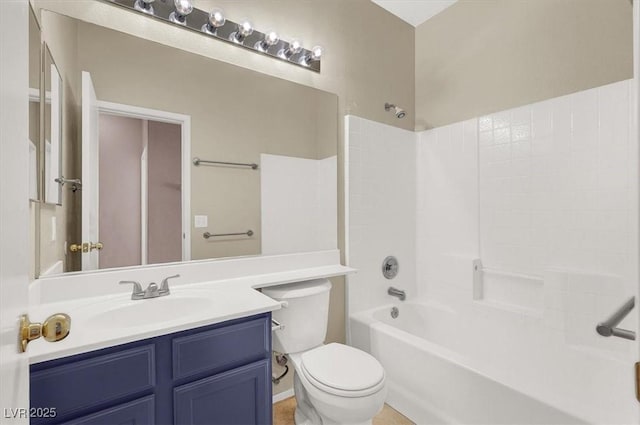 full bathroom with shower / bathing tub combination, toilet, and vanity