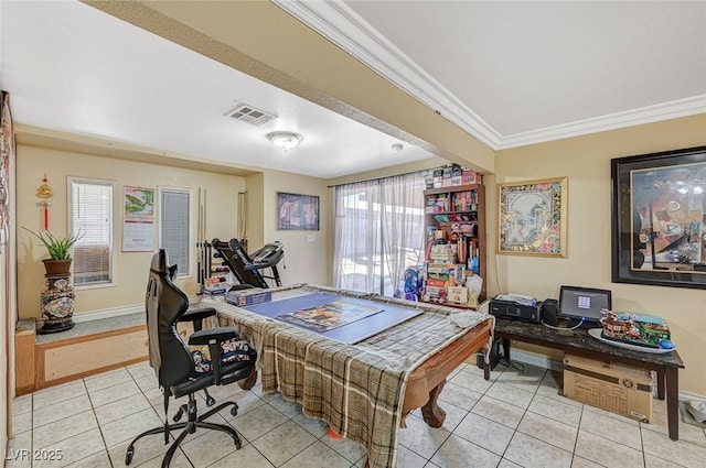 playroom featuring plenty of natural light, visible vents, light tile patterned floors, and ornamental molding