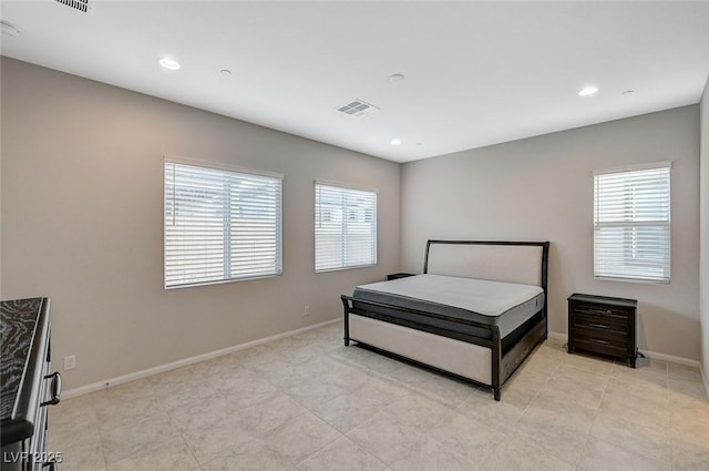 bedroom with recessed lighting, baseboards, and visible vents