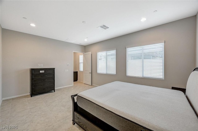 bedroom featuring light tile patterned floors, visible vents, recessed lighting, and baseboards