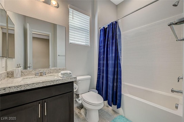 bathroom with vanity, shower / bath combination with curtain, and toilet