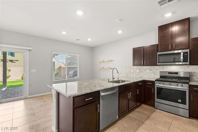 kitchen with visible vents, a peninsula, a sink, stainless steel appliances, and backsplash