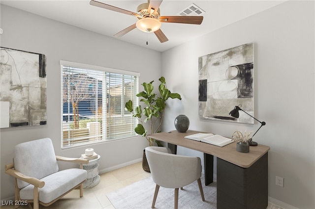 office area with visible vents, baseboards, and a ceiling fan