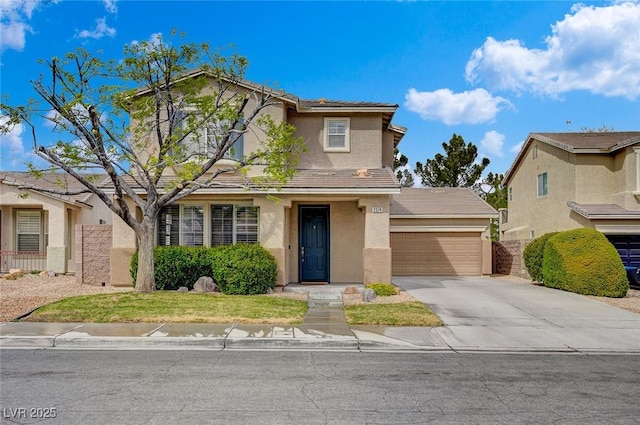 traditional home with stucco siding, a tile roof, concrete driveway, a front yard, and an attached garage