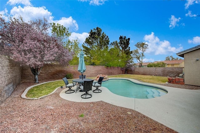 view of pool featuring a fenced in pool, a patio, and a fenced backyard