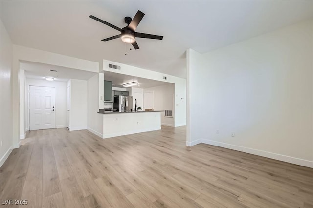 unfurnished living room featuring visible vents, baseboards, light wood finished floors, and ceiling fan