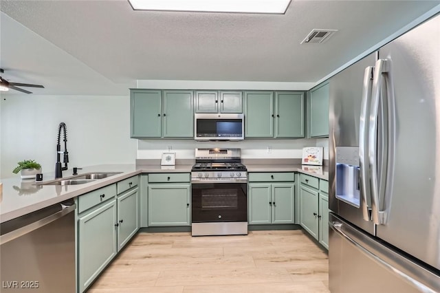 kitchen with visible vents, light wood-style flooring, a sink, stainless steel appliances, and green cabinets