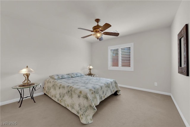 bedroom with ceiling fan, visible vents, baseboards, and light carpet