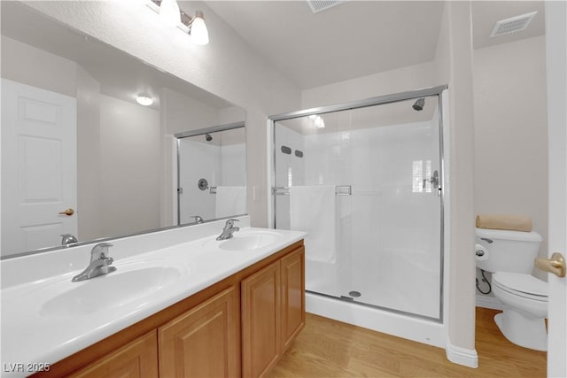 bathroom with visible vents, a stall shower, toilet, and a sink