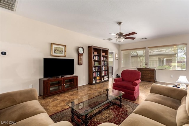 living room with visible vents, a healthy amount of sunlight, and ceiling fan