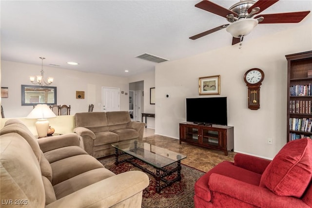 living room with recessed lighting, visible vents, ceiling fan with notable chandelier, and baseboards