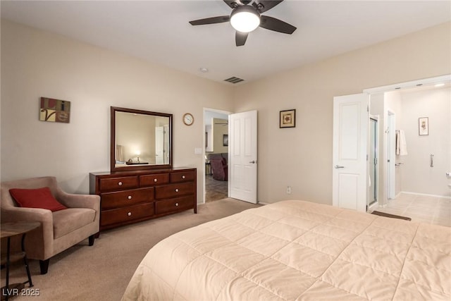 bedroom with visible vents, carpet, and a ceiling fan