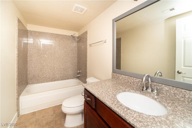 full bath with visible vents, toilet, vanity, and bathtub / shower combination