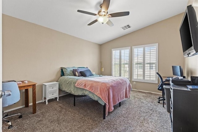 carpeted bedroom featuring visible vents, baseboards, a ceiling fan, and vaulted ceiling