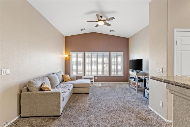 living room featuring visible vents, carpet floors, ceiling fan, and vaulted ceiling