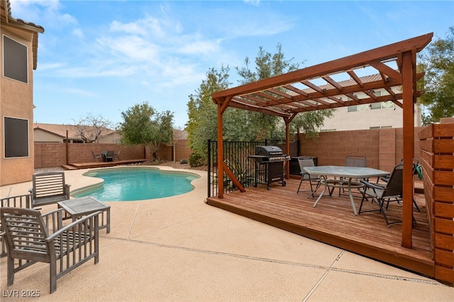 view of pool with area for grilling, outdoor dining space, a pergola, a fenced backyard, and a fenced in pool