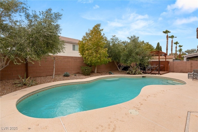 view of swimming pool with a patio area, a fenced in pool, and a fenced backyard