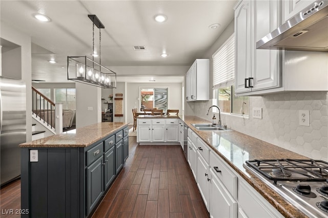 kitchen with ventilation hood, white cabinetry, appliances with stainless steel finishes, and a sink