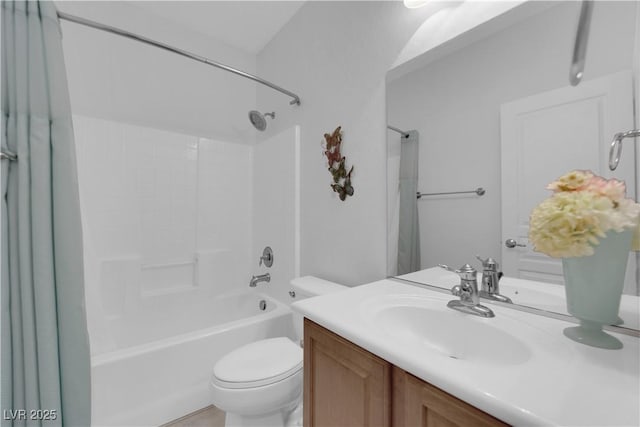 bathroom featuring toilet, vanity, and shower / bath combination with curtain