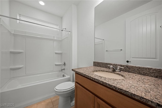 full bathroom featuring tile patterned flooring, toilet, shower / tub combination, recessed lighting, and vanity