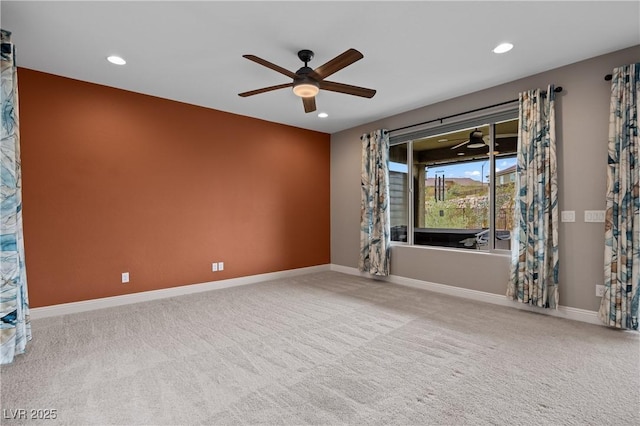 unfurnished room featuring recessed lighting, baseboards, and carpet floors